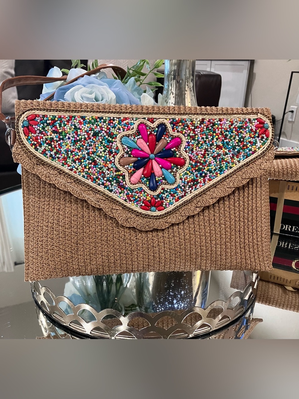 Tan Woven Clutch with Multicolor Beaded Medallion